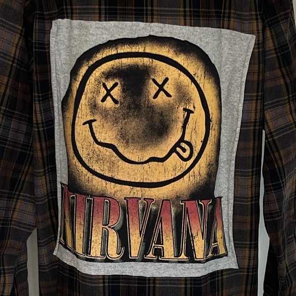 Wearable Art Flannel Shirt Nirvana Dark Plaid DIY Upcycled Oversized Relaxed - Picture 2 of 13